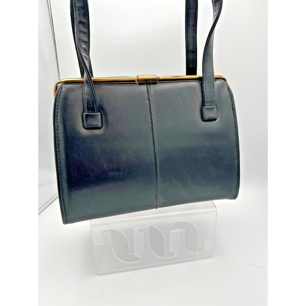 Vintage Best Black Structured Handbag‎ Gold Frame Talon Zippers Mid Century